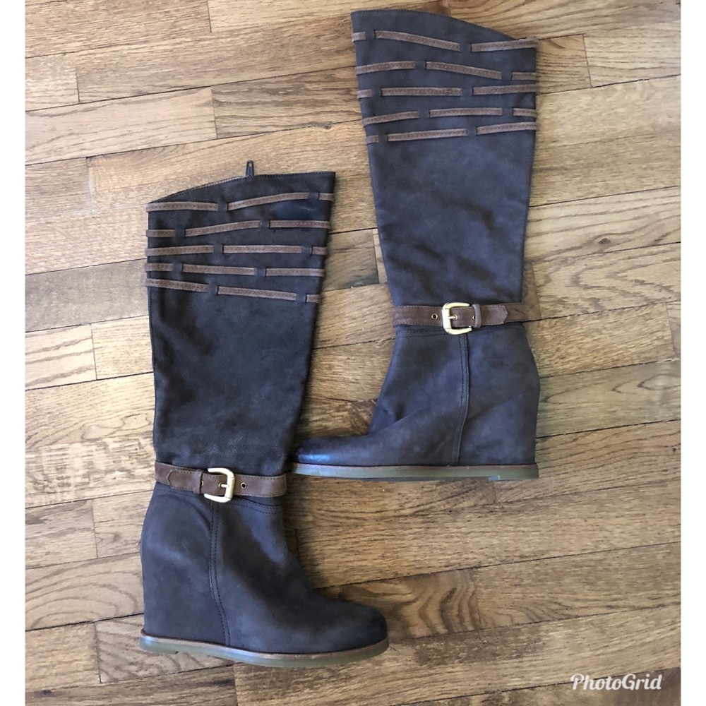 Italian brown suede leather wedge boots